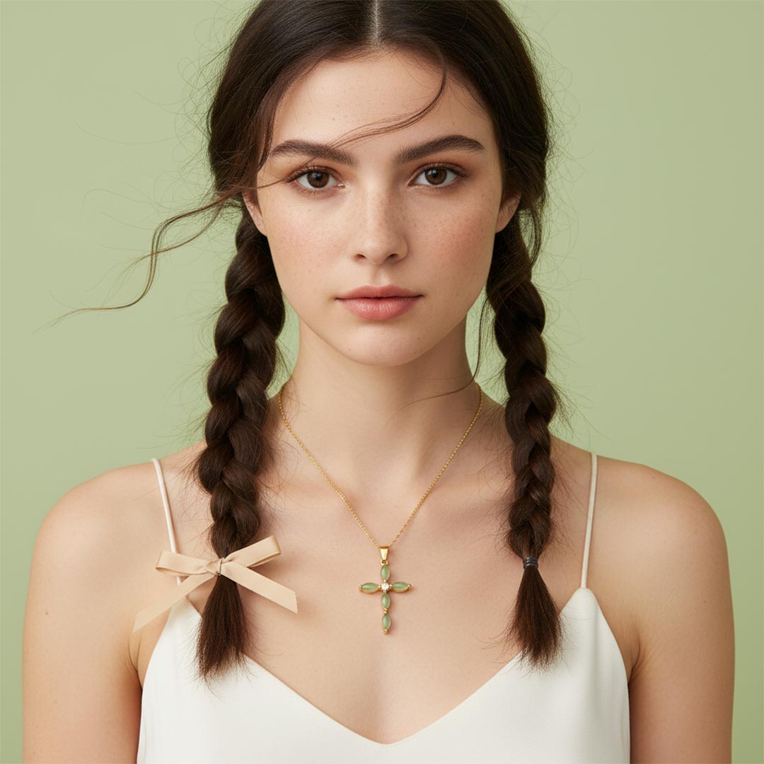 Ovarian Cancer Awareness-Green Jade Cross Necklace