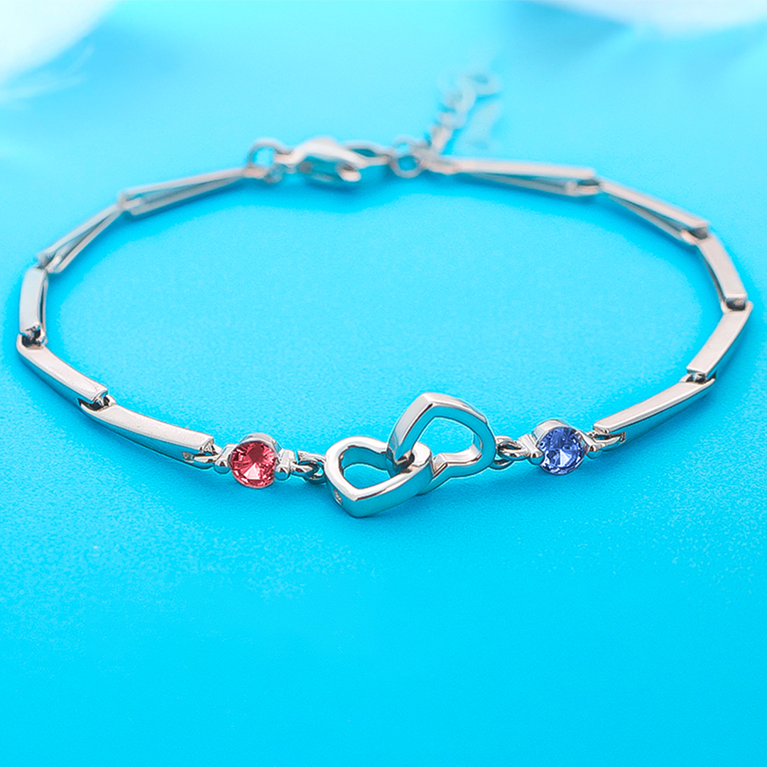 S925 Mother & Daughter Forever Linked Together Birthstone Custom Double Diamond Double Heart Bracelet