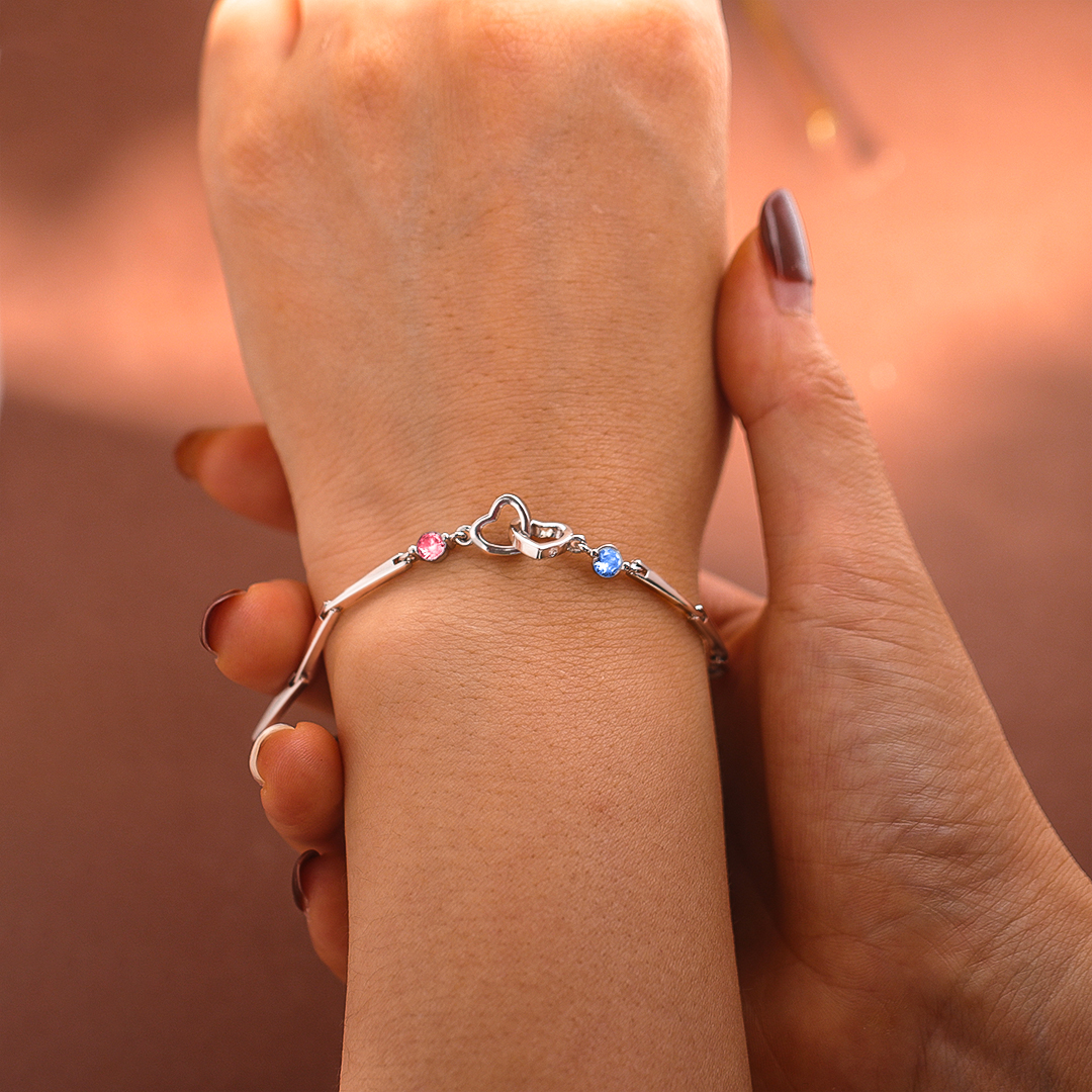 S925 Mother & Daughter Forever Linked Together Birthstone Custom Double Diamond Double Heart Bracelet