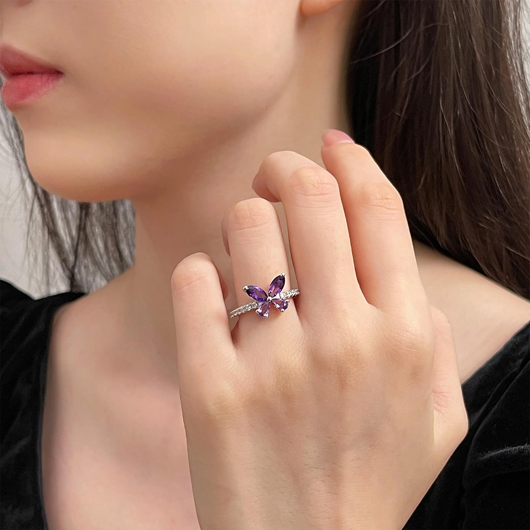 Alzheimer dementia awareness Purple Diamond Butterfly Thin Ring