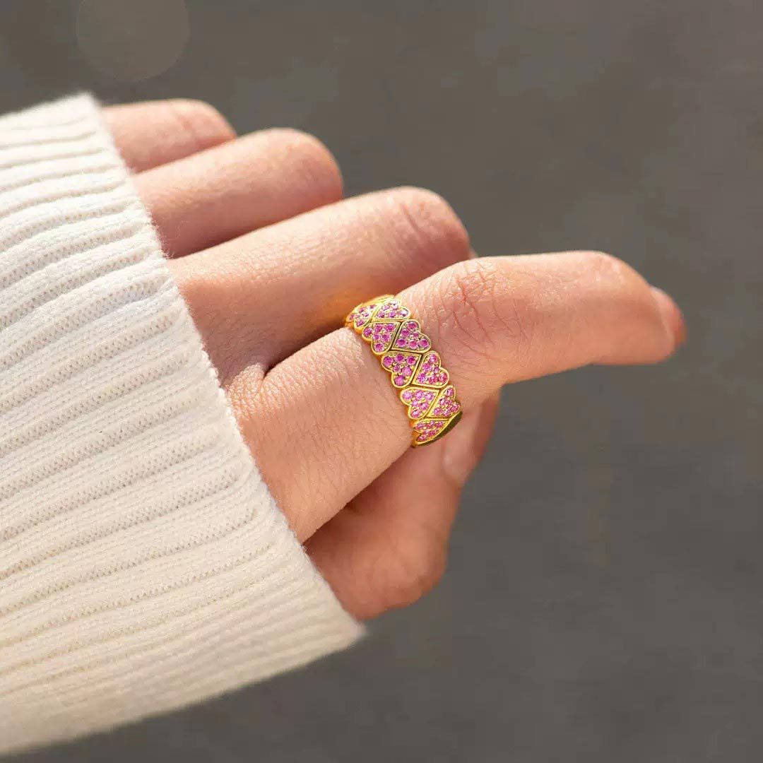 Breast Cancer Awareness-Two Row Pink Heart Open Wide Ring