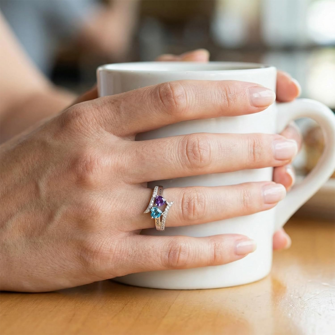 Mother & Daughter-Two-Heart Name & Birthstone Personalized Ring