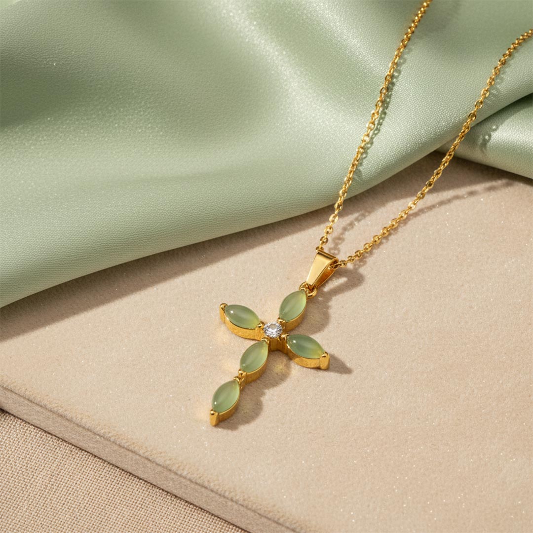 Ovarian Cancer Awareness-Green Jade Cross Necklace