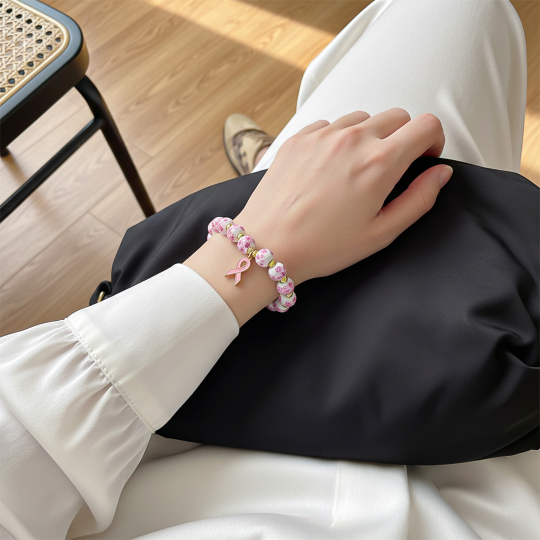 Breast Cancer Awareness-Pink Blue & White Porcelain Ribbon Charm Bracelet