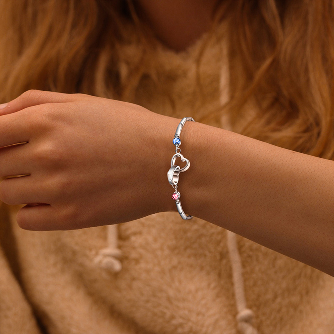 S925 Mother & Daughter Forever Linked Together Birthstone Custom Double Diamond Double Heart Bracelet
