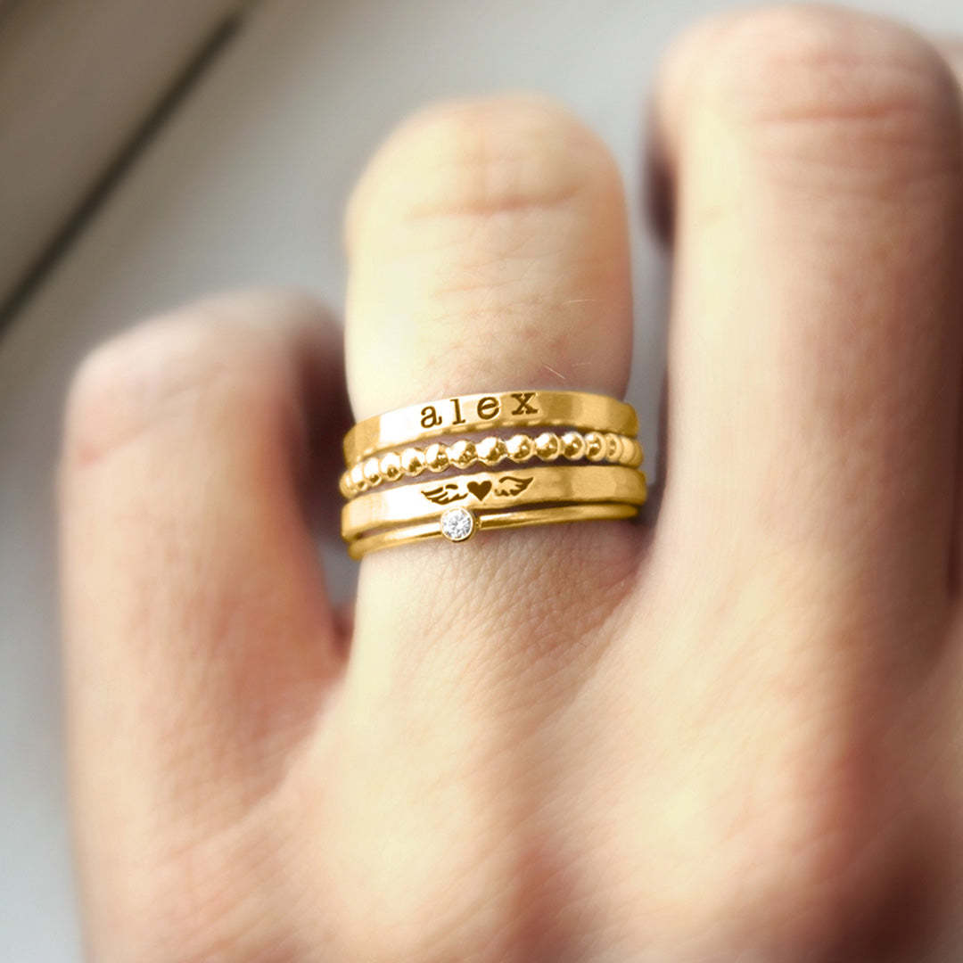 For Memorial - S925 Mama Of An Angel Custom Name Stacked Ring - 4 Rings Set
