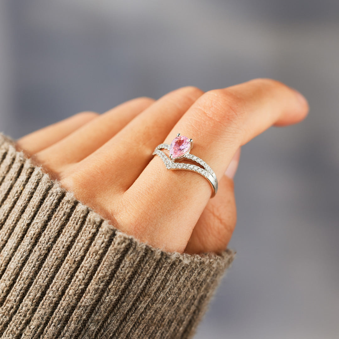 S925 Pear Cut Breast Cancer Awareness Ring