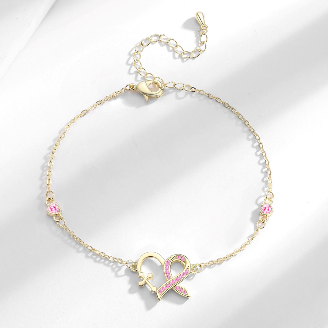 Breast Cancer Awareness Pink Ribbon Cross Heart Bracelet
