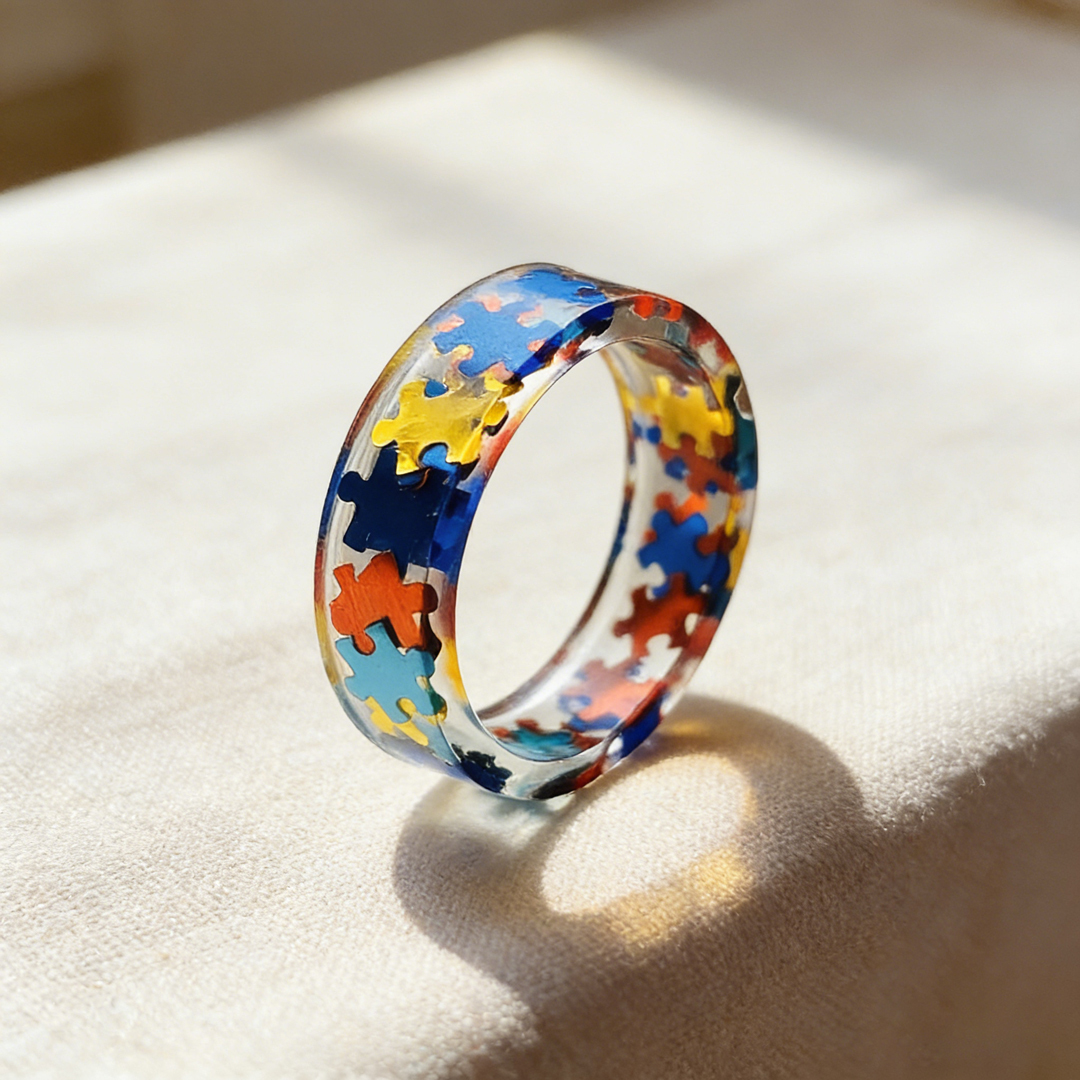 Autism Awareness-Transparent Resin Puzzle Ring