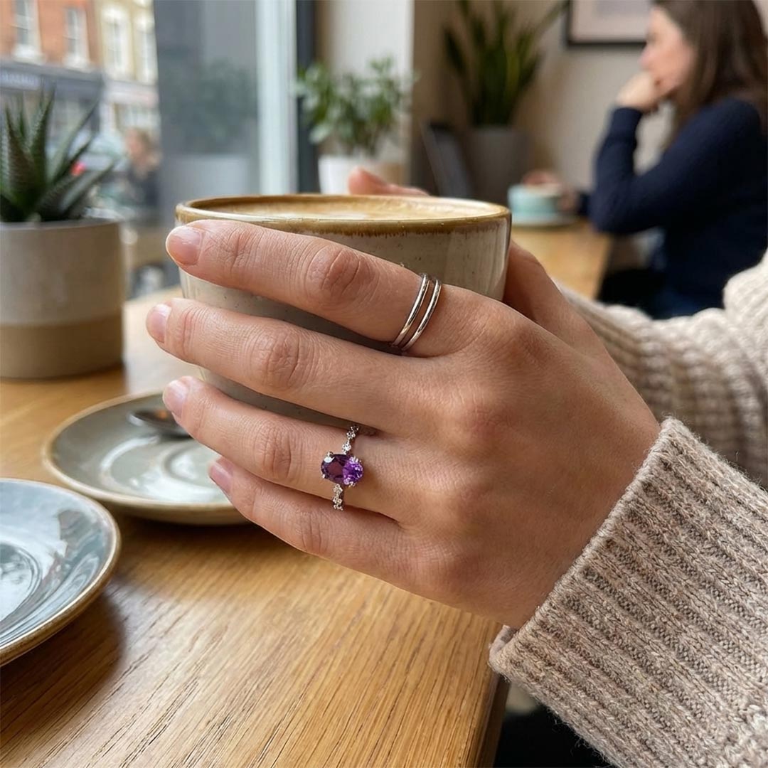 Alzheimer Dementia Awareness-Oval Purple Diamond Ring