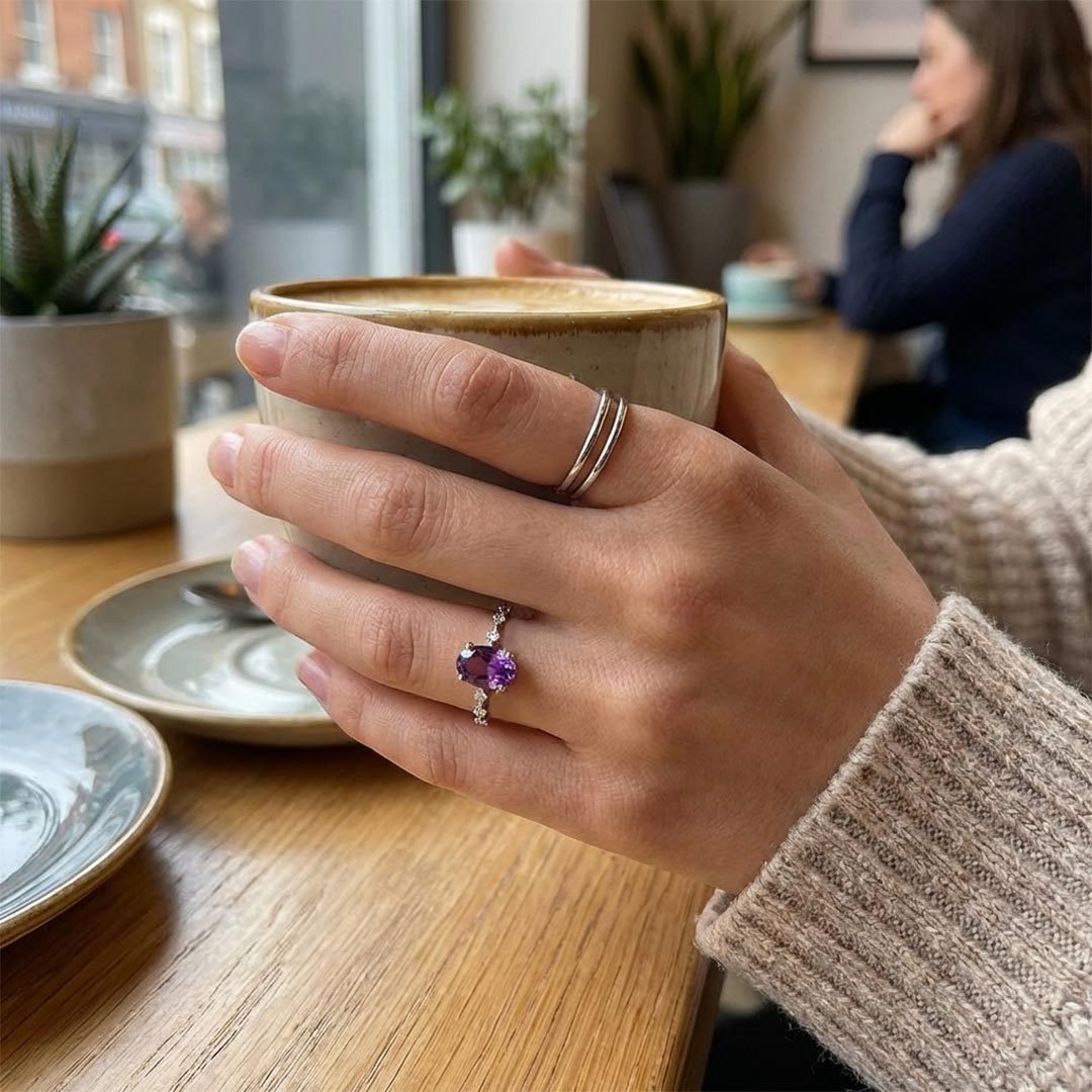 Alzheimer Dementia Awareness-Oval Purple Diamond Ring