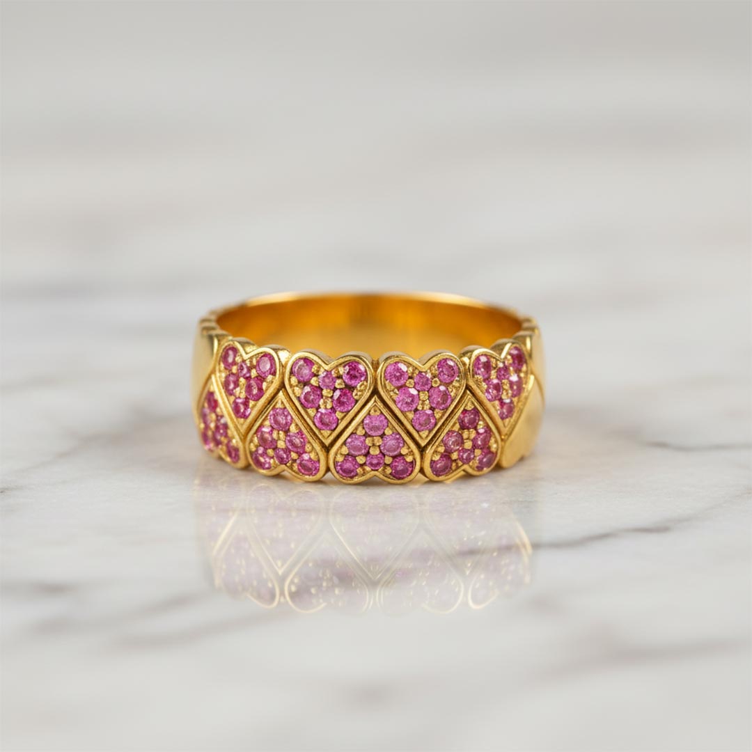 Breast Cancer Awareness-Two Row Pink Heart Open Wide Ring