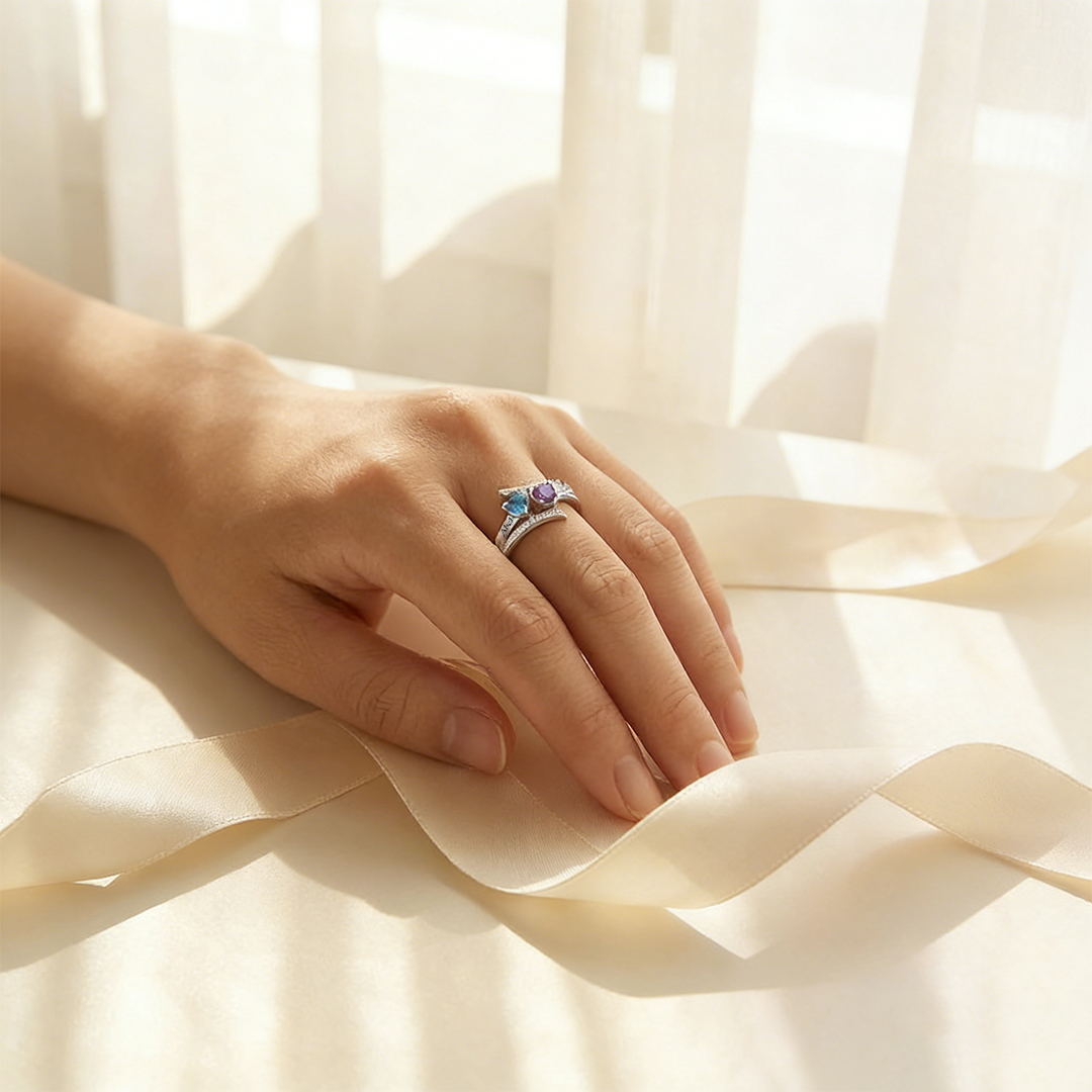 Mother & Daughter-Two-Heart Name & Birthstone Personalized Ring