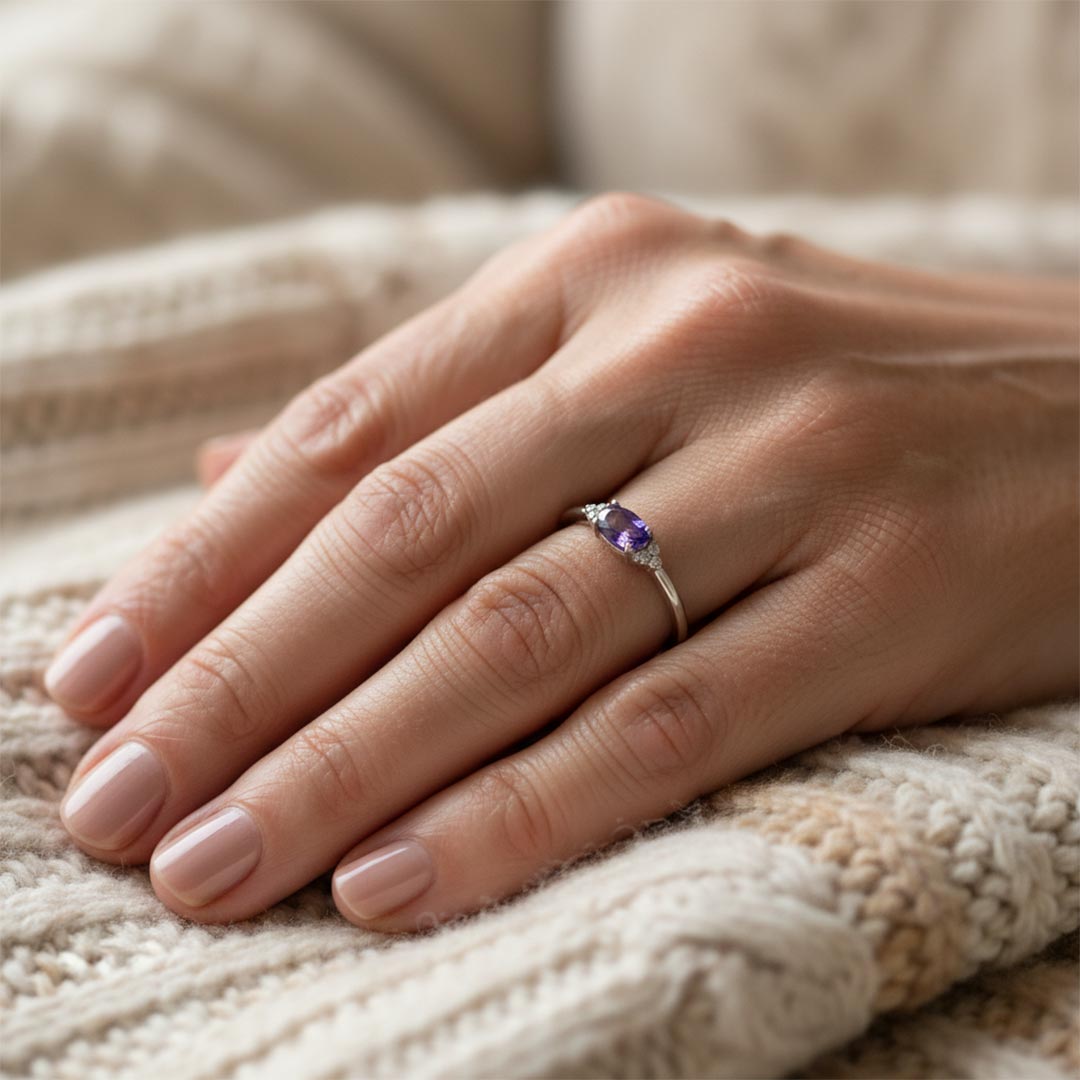 Alzheimer Dementia Awareness-Purple Oval Diamond Slim Ring