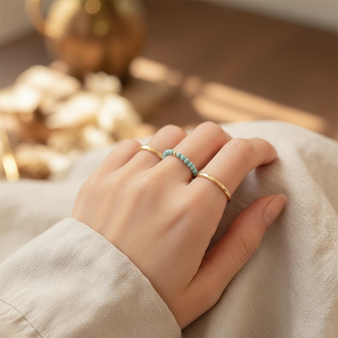 Ovarian Cancer Awareness-Turquoise Beaded Gold Ring