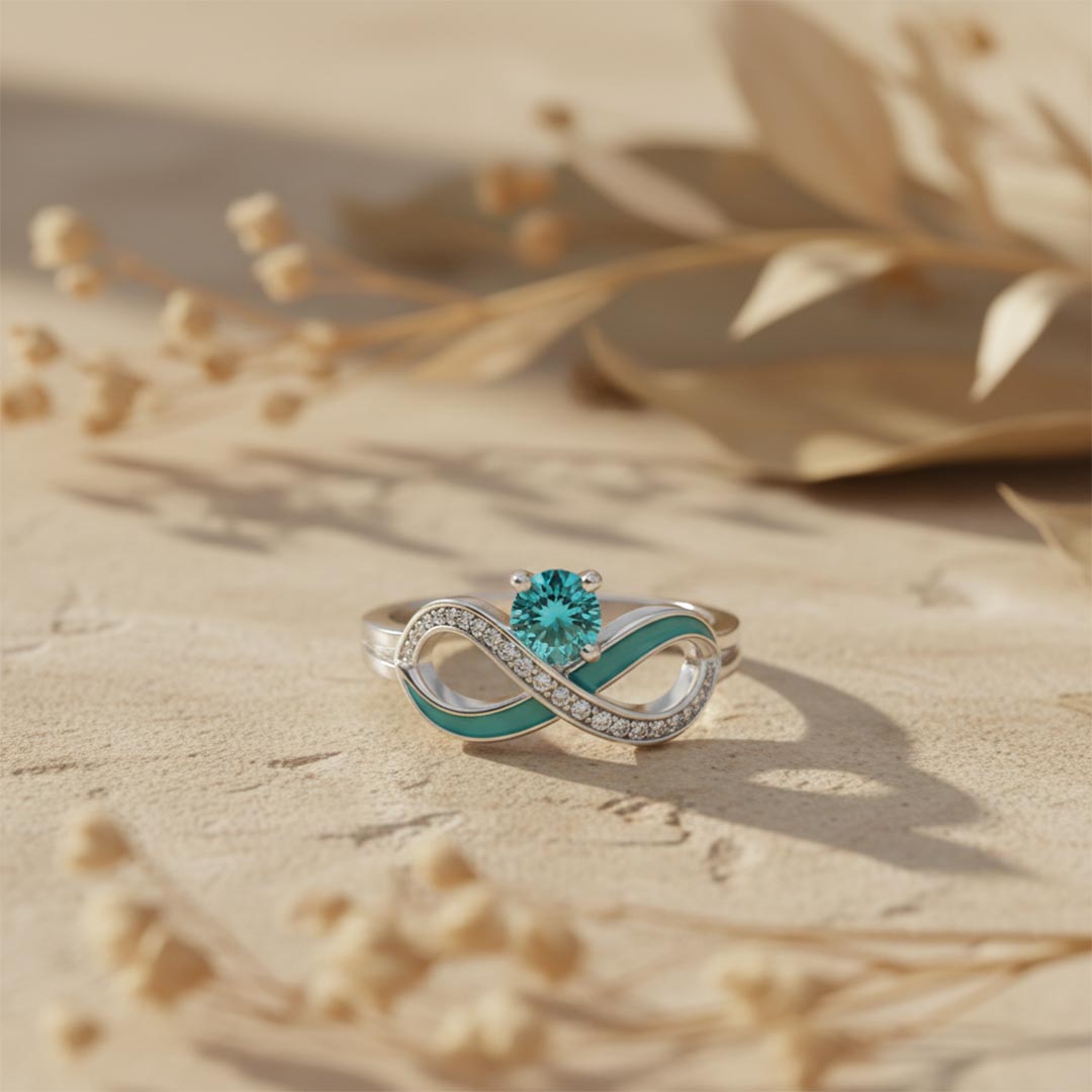 Ovarian Cancer Awareness-Teal Infinity Diamond Ring