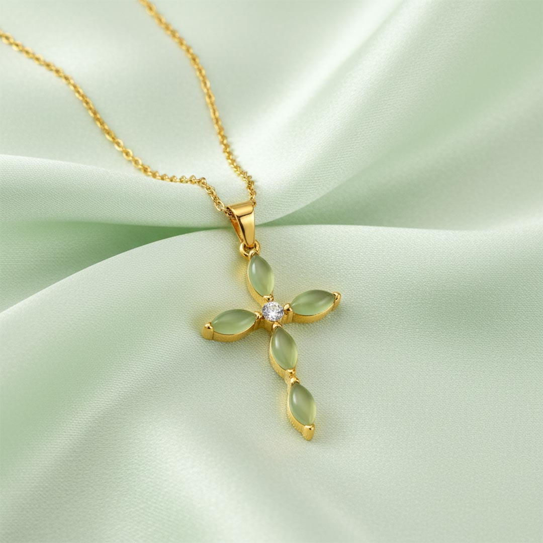 Ovarian Cancer Awareness-Green Jade Cross Necklace