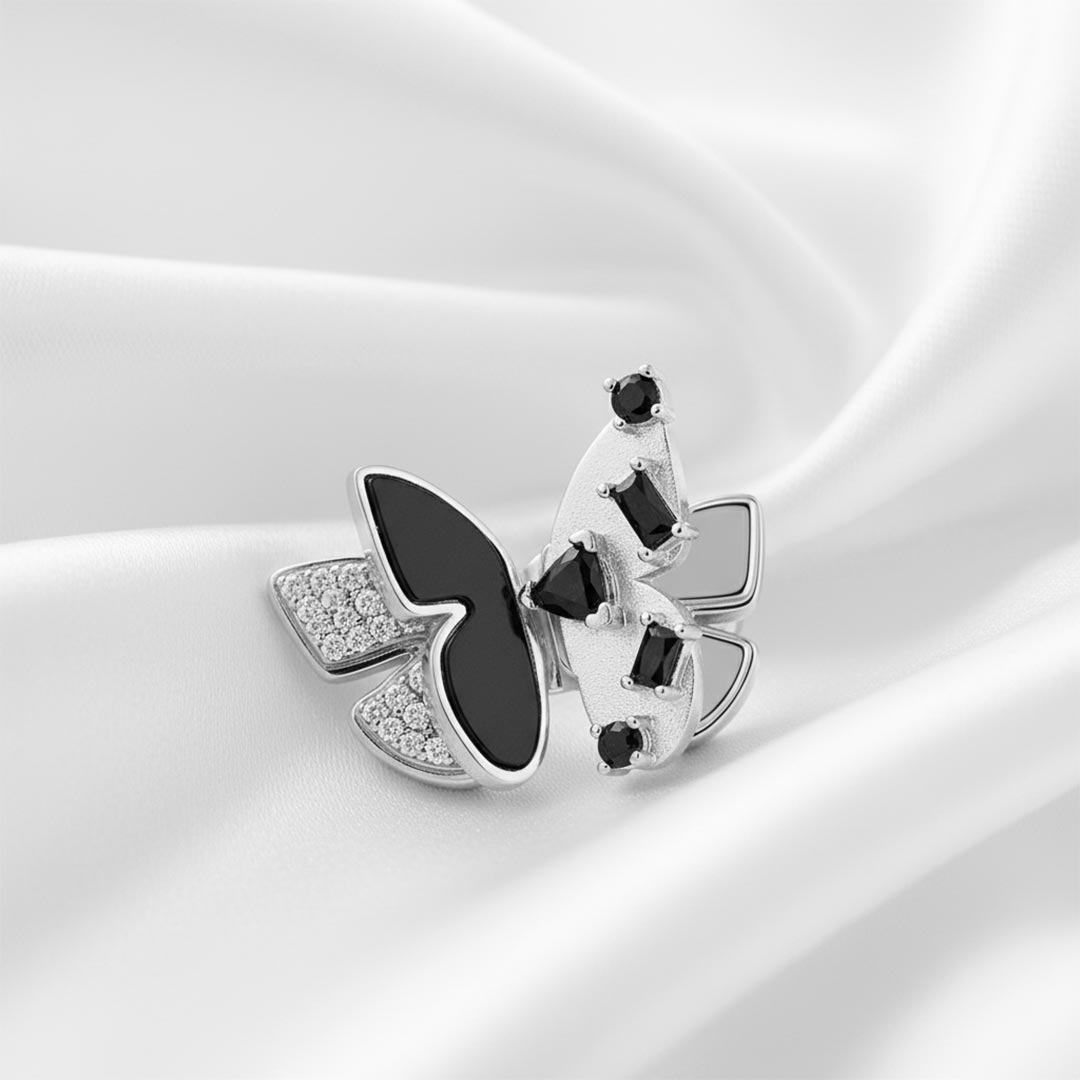 For Memorial-Black Diamond Butterfly Open Ring