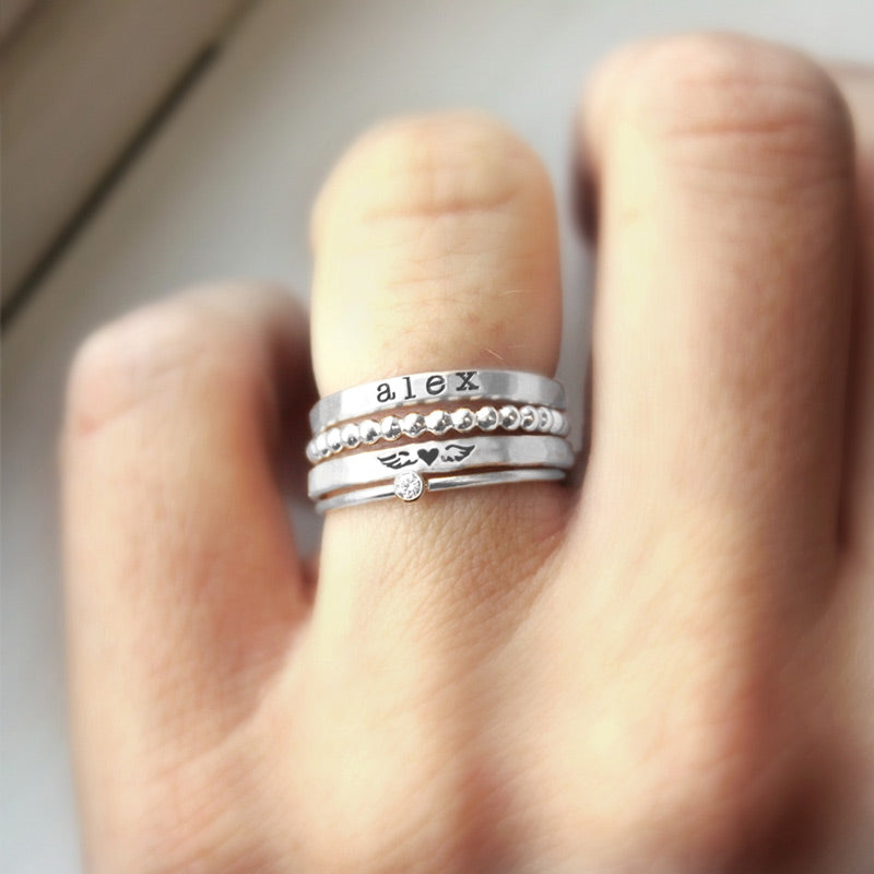 For Memorial - S925 Mama Of An Angel Custom Name Stacked Ring - 4 Rings Set