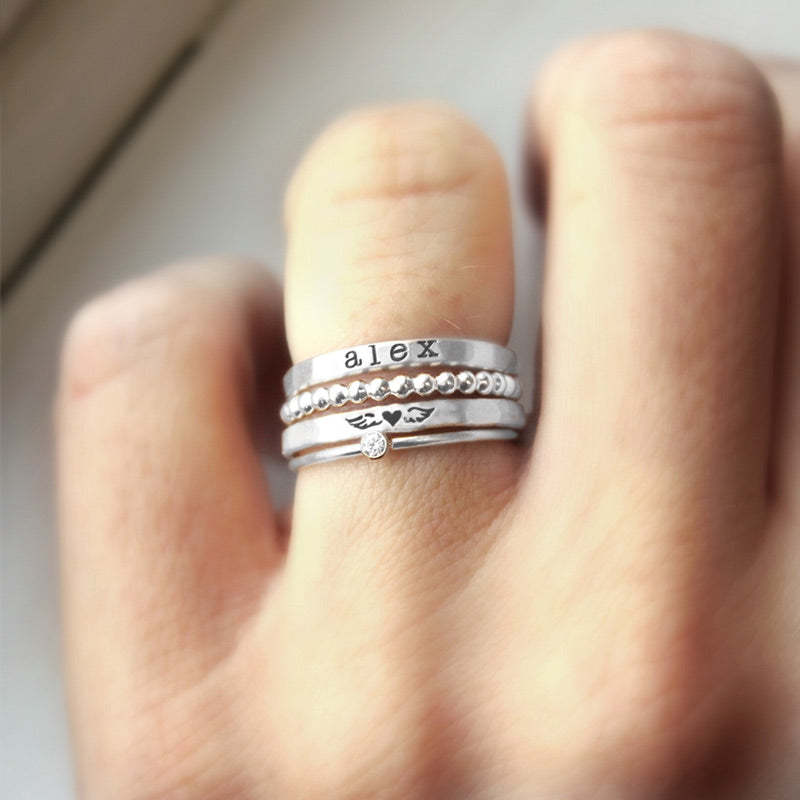 For Memorial - S925 Mama Of An Angel Custom Name Stacked Ring - 4 Rings Set