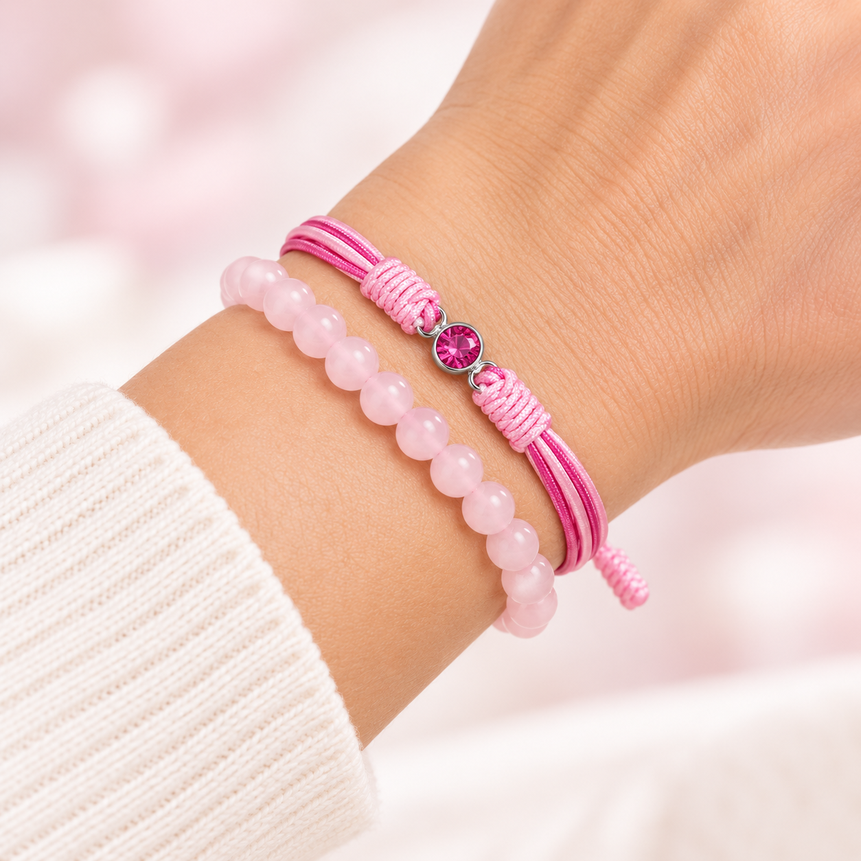 Breast Cancer Awareness Diamond Cord Bracelet Set