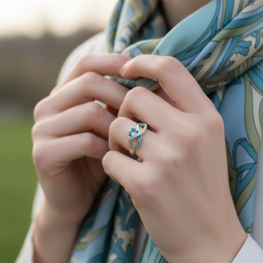 Ovarian Cancer Awareness-Teal Infinity Diamond Ring