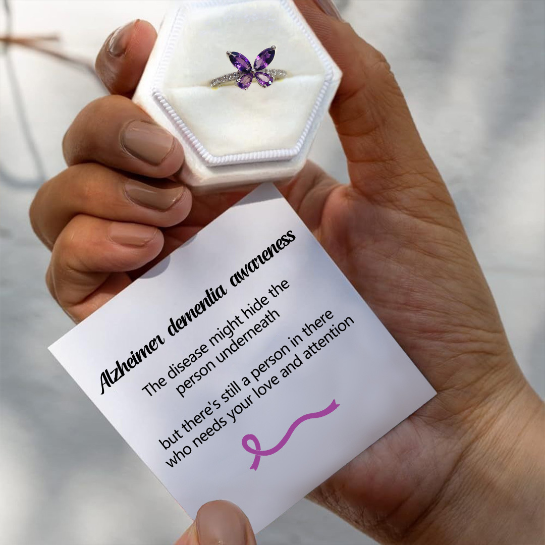 Alzheimer dementia awareness Purple Diamond Butterfly Thin Ring