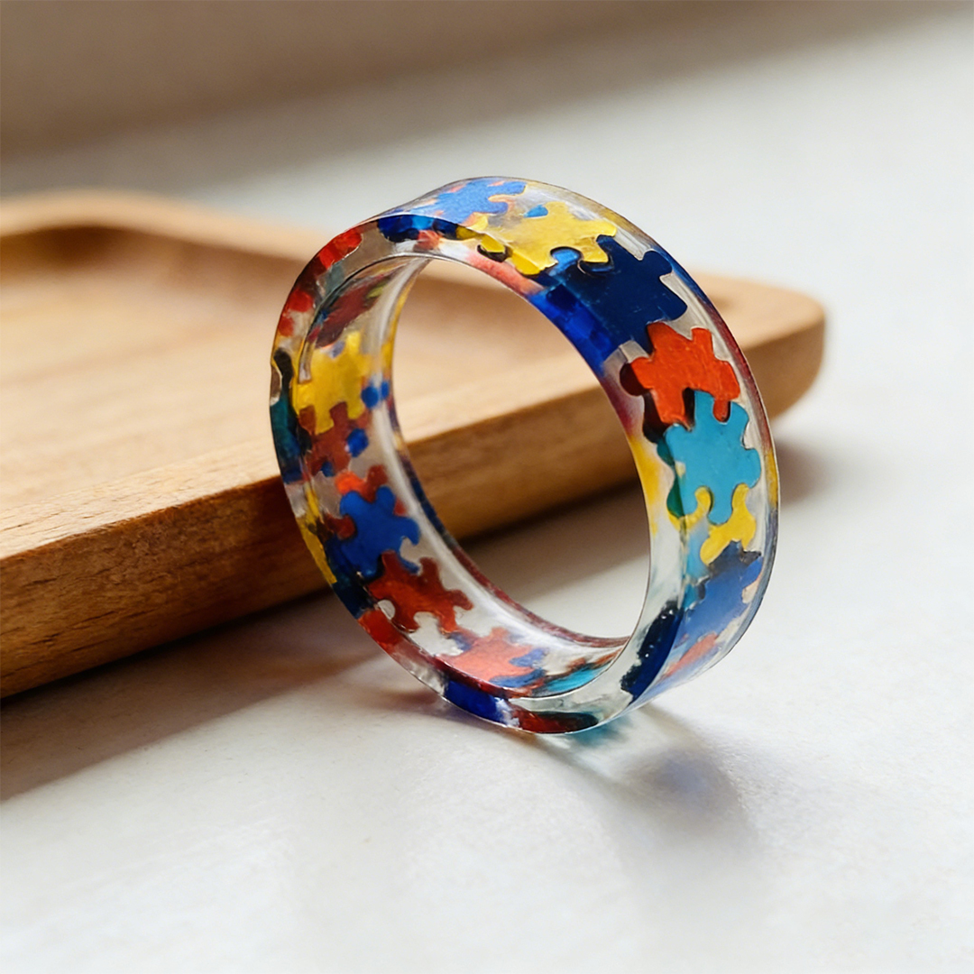 Autism Awareness-Transparent Resin Puzzle Ring