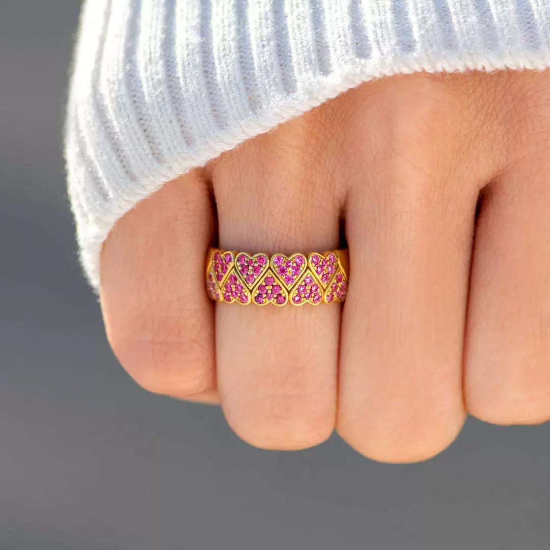 Breast Cancer Awareness-Two Row Pink Heart Open Wide Ring