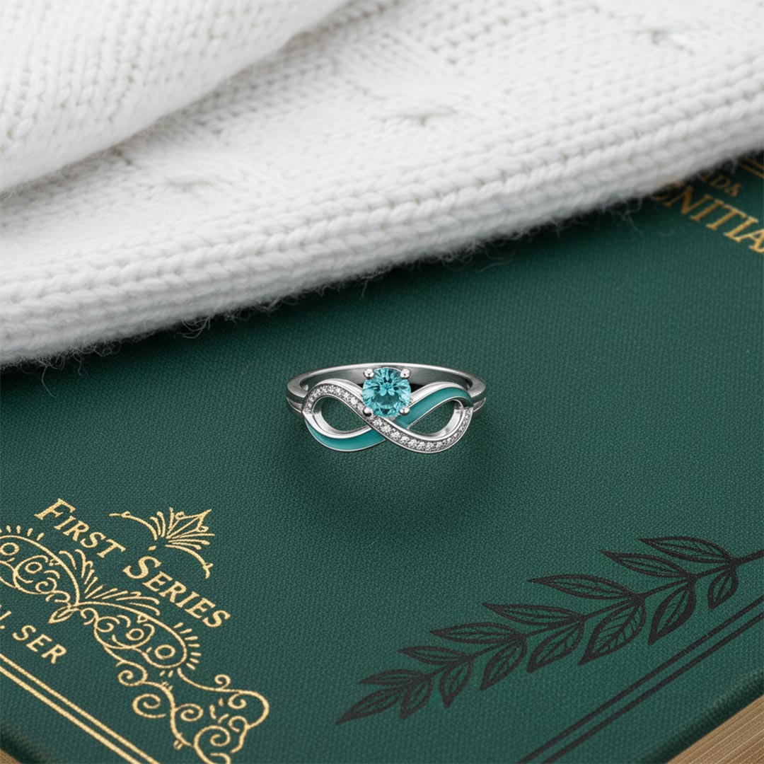 Ovarian Cancer Awareness-Teal Infinity Diamond Ring