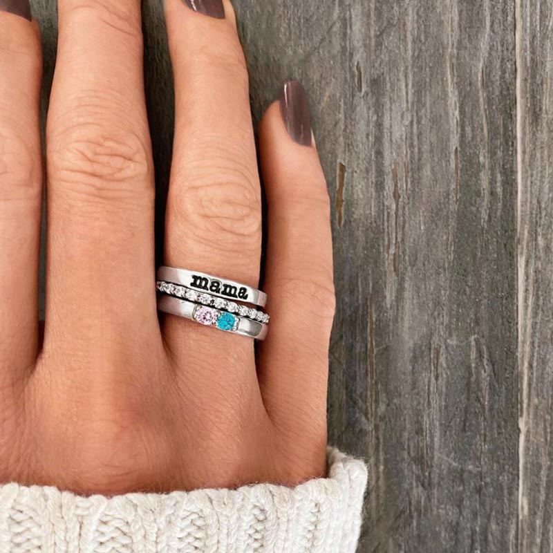 For Mother - S925 Mama And Kids' Birthstones Personalized Stackable Ring - 3 Rings Set