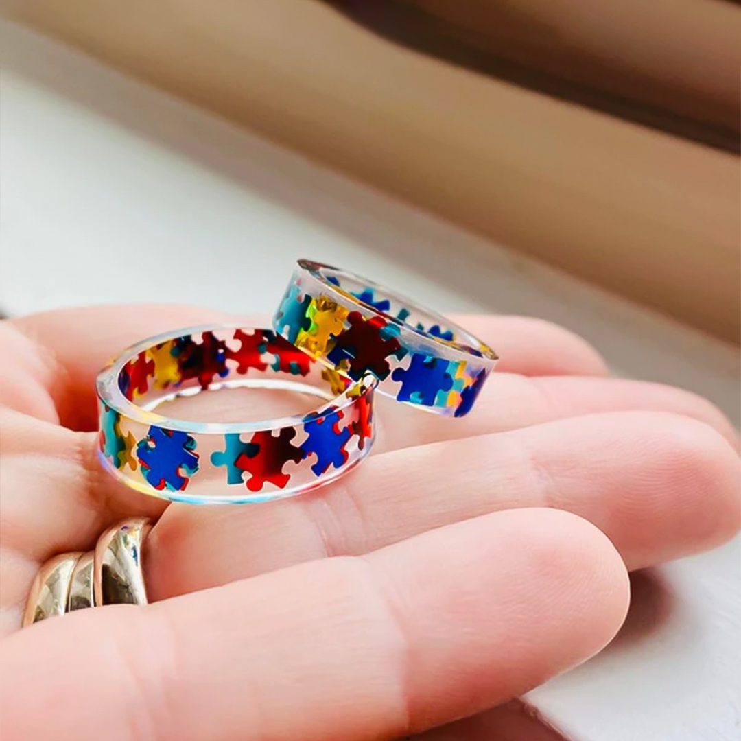 Autism Awareness-Transparent Resin Puzzle Ring