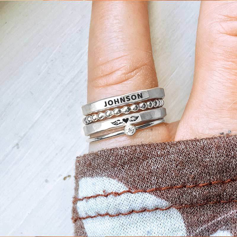 For Memorial - S925 Mama Of An Angel Custom Name Stacked Ring - 4 Rings Set