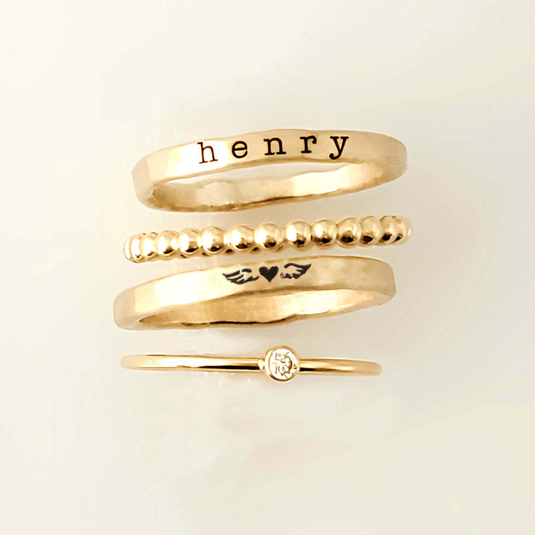 For Memorial - S925 Mama Of An Angel Custom Name Stacked Ring - 4 Rings Set