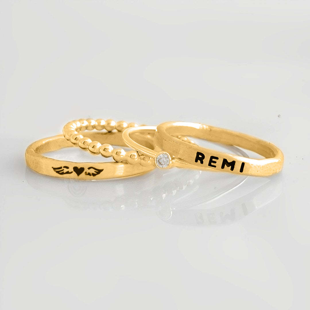 For Memorial - S925 Mama Of An Angel Custom Name Stacked Ring - 4 Rings Set