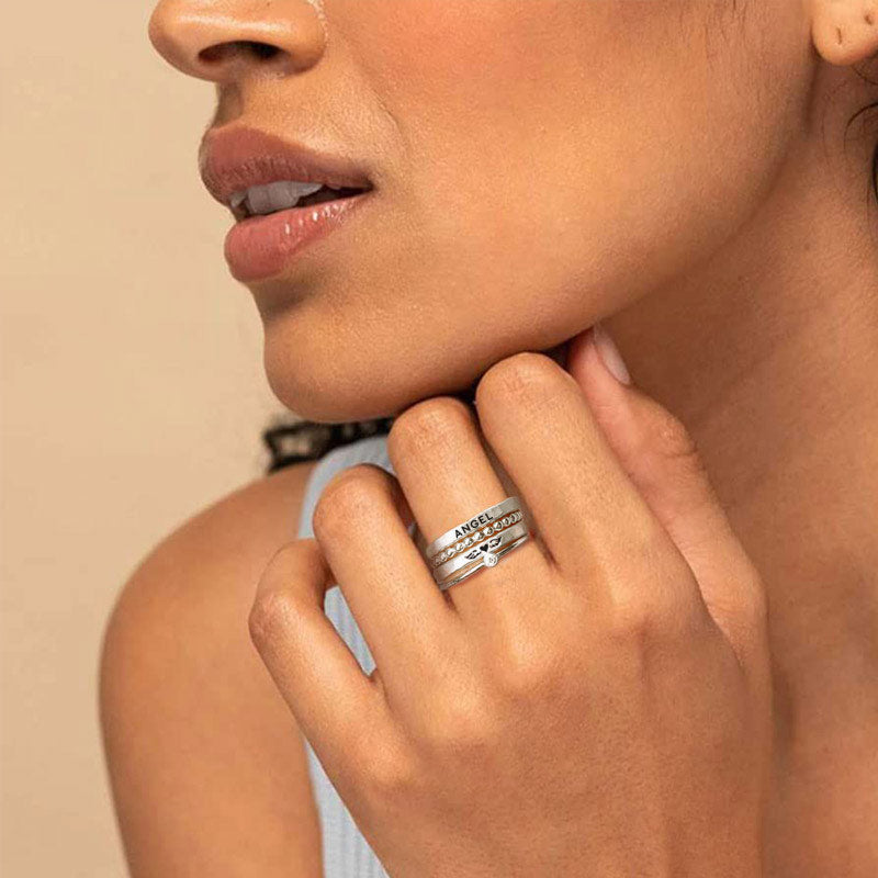 For Memorial - S925 Mama Of An Angel Custom Name Stacked Ring - 4 Rings Set