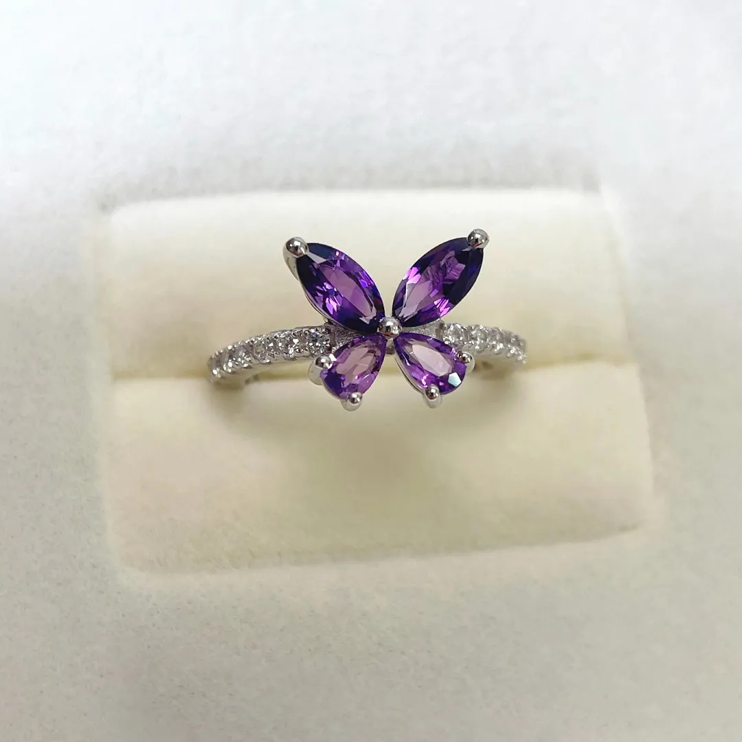 Pancreatic Cancer Warrior Purple Diamond Butterfly Thin Ring