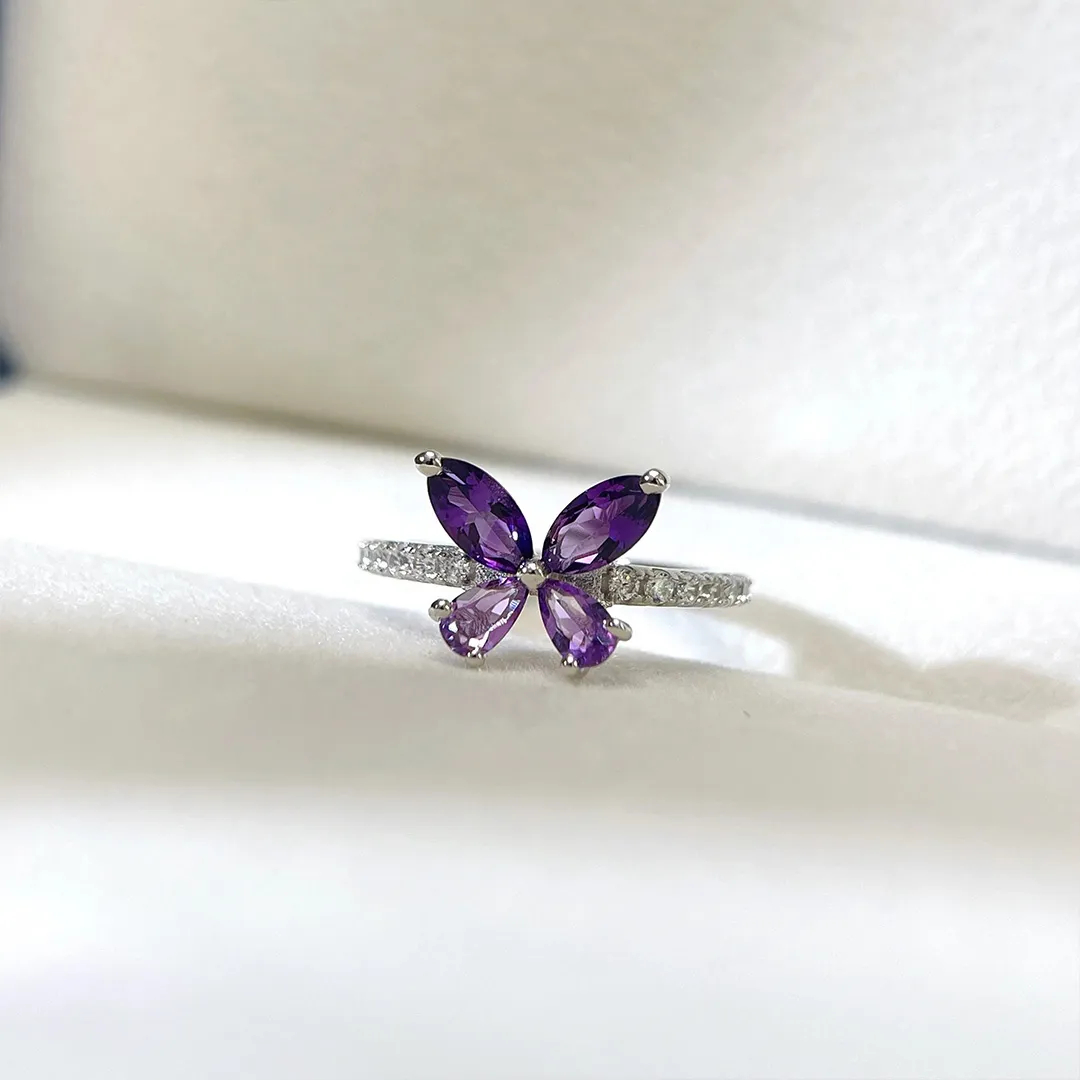 Pancreatic Cancer Warrior Purple Diamond Butterfly Thin Ring