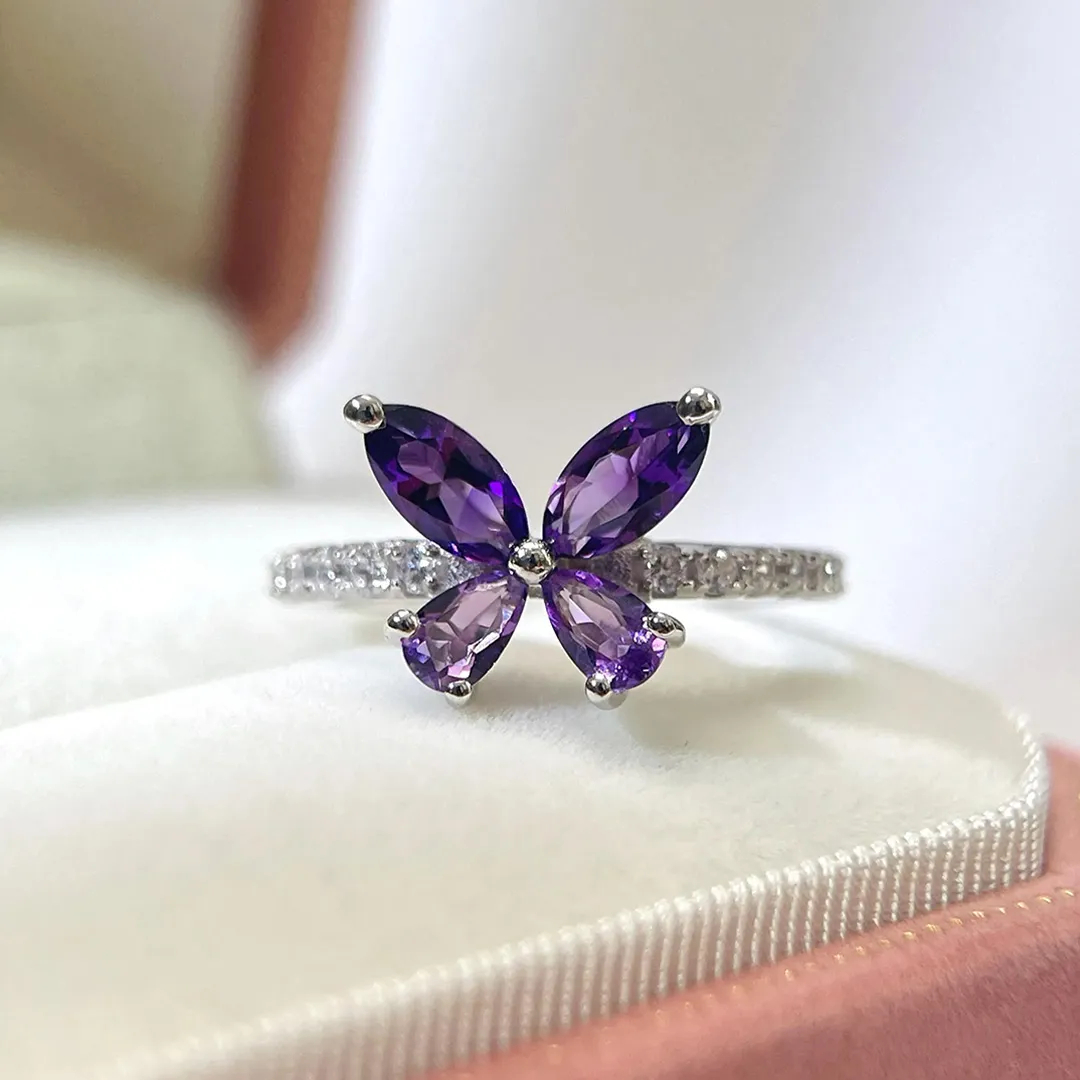 Pancreatic Cancer Warrior Purple Diamond Butterfly Thin Ring