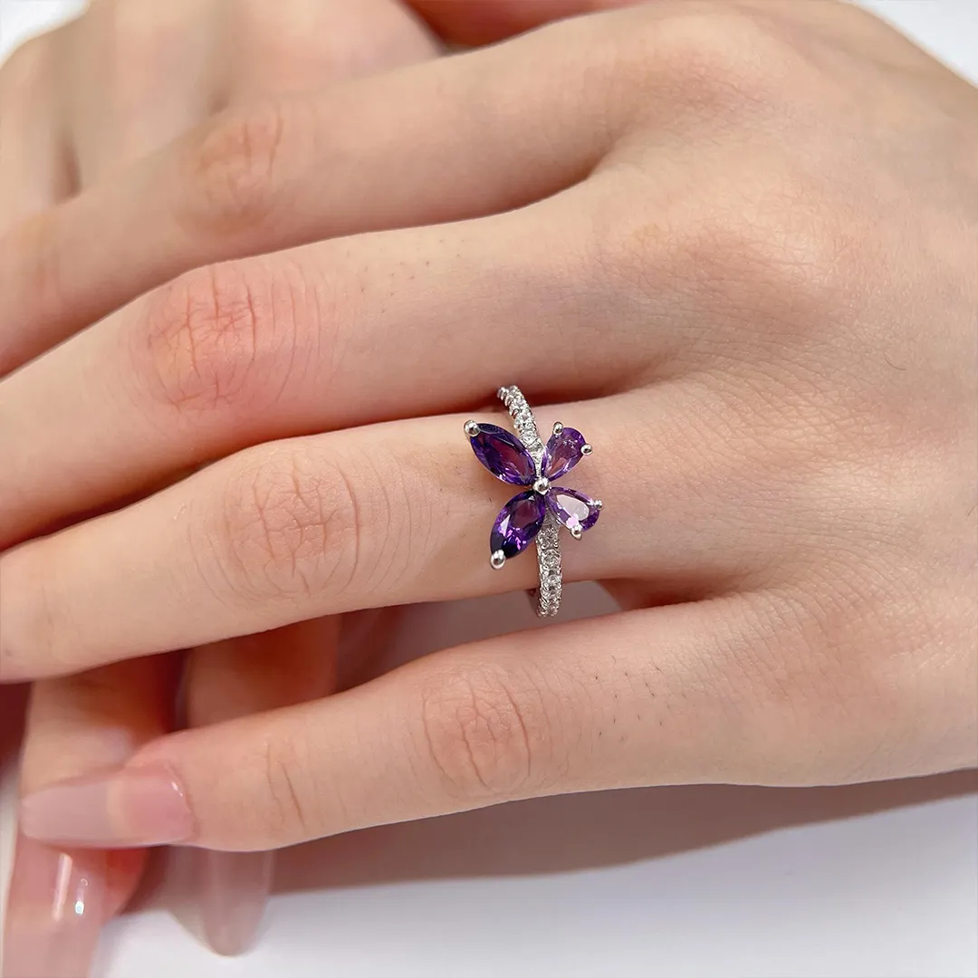 Pancreatic Cancer Warrior Purple Diamond Butterfly Thin Ring