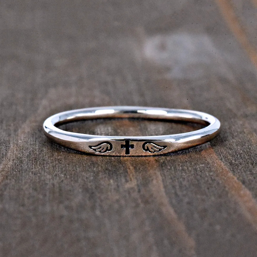 For Memorial - Dainty Winged Cross Ring