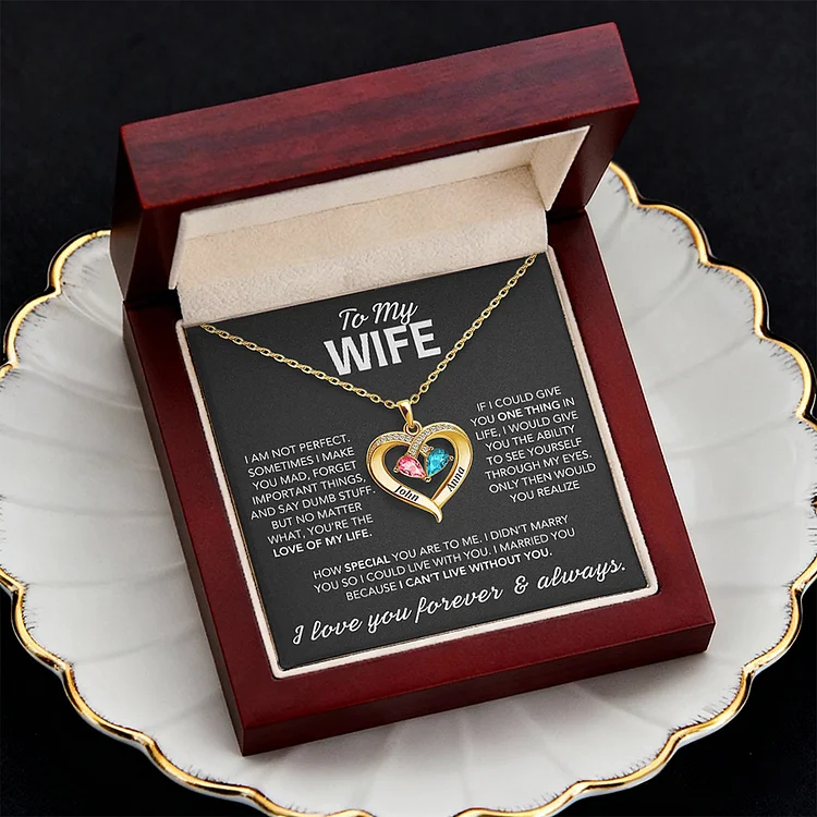 For Wife - I Love You Forever & Always Customized Double Birthstones & Names Necklace