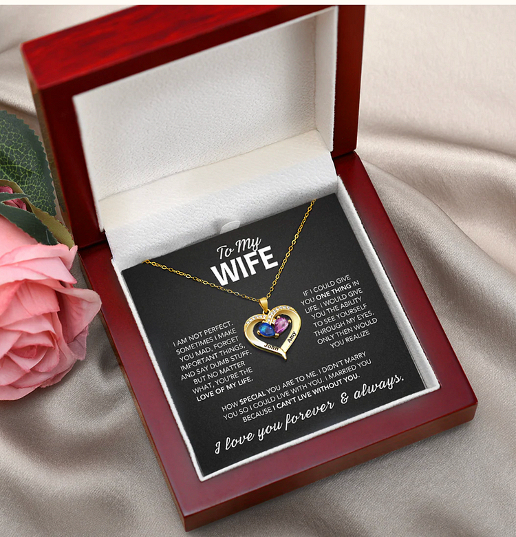 For Wife - I Love You Forever & Always Customized Double Birthstones & Names Necklace
