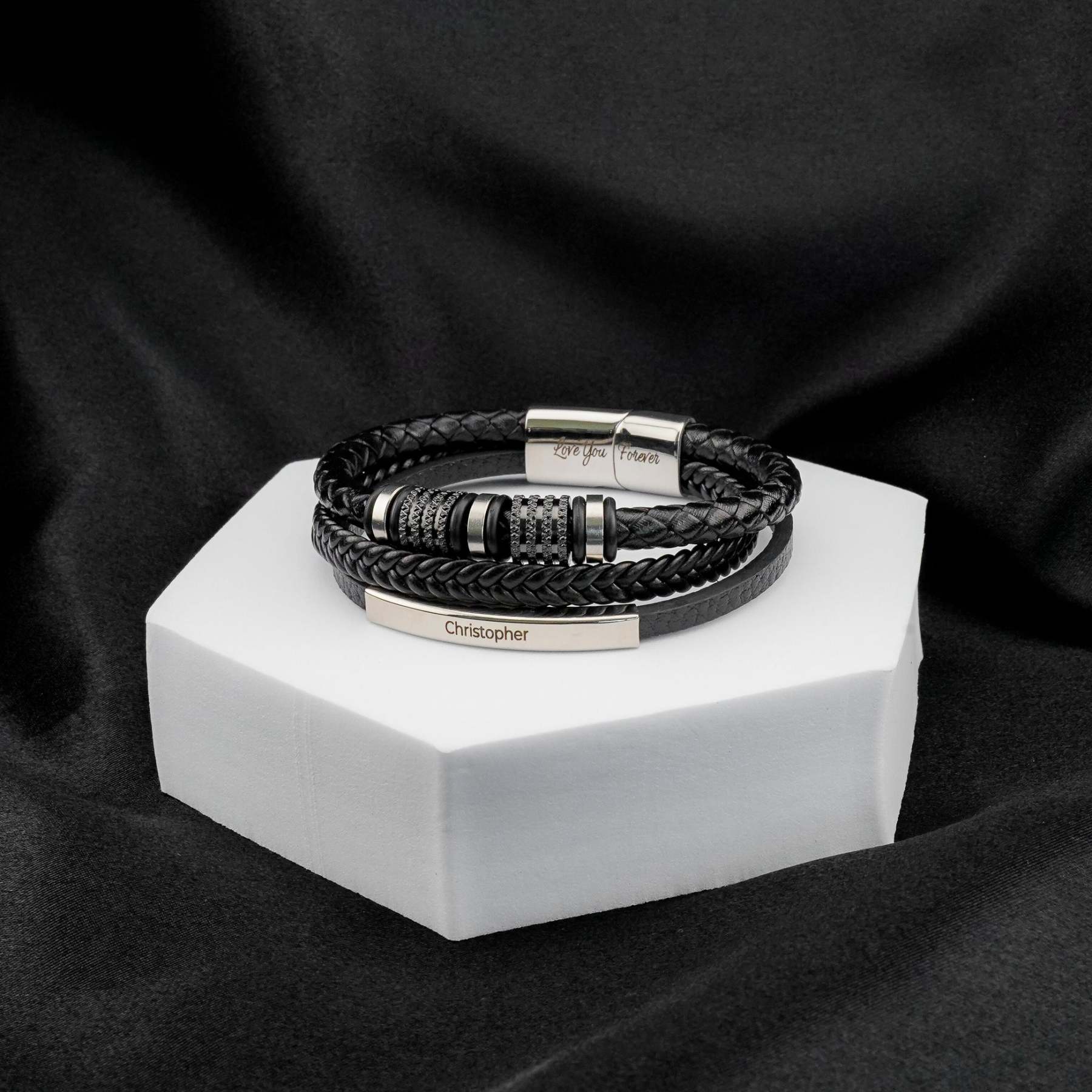 Son's Forever Connected Leather Bracelet Gift Set with Engraved Name
