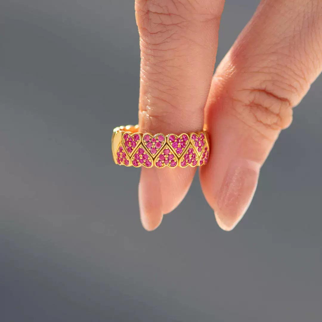 Breast Cancer Awareness-Two Row Pink Heart Open Wide Ring