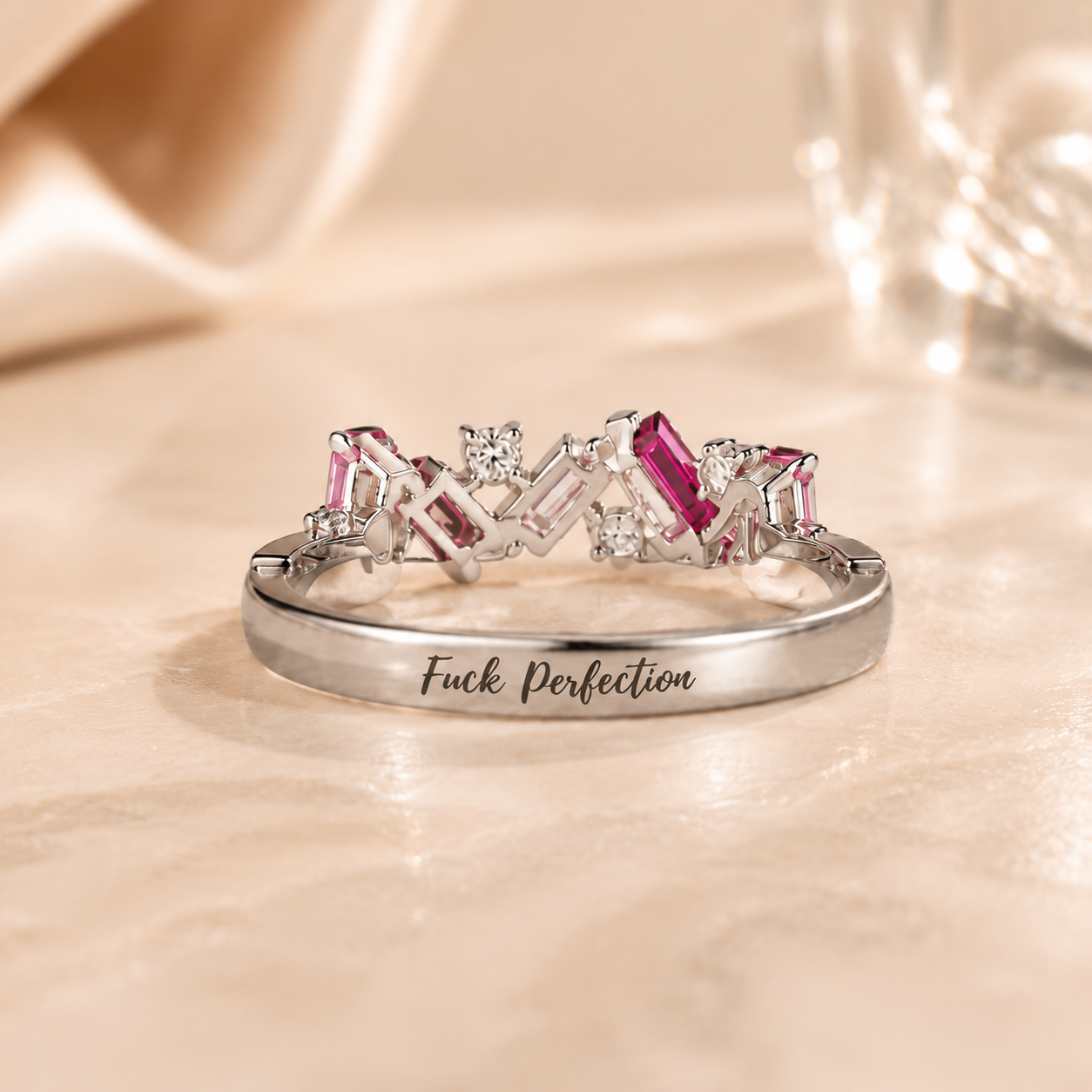 Fuck Perfection Engraved Pink Cubic Zirconia Ring