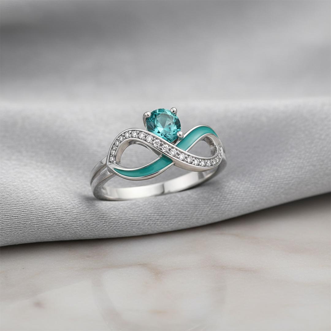 Ovarian Cancer Awareness-Teal Infinity Diamond Ring