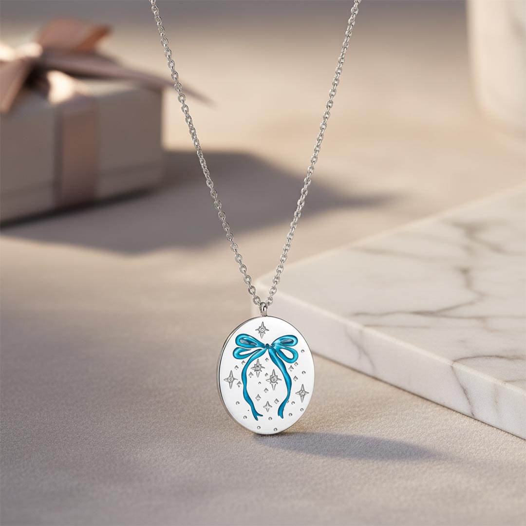 Autism Awareness-Blue Bow Round Pendant Necklace