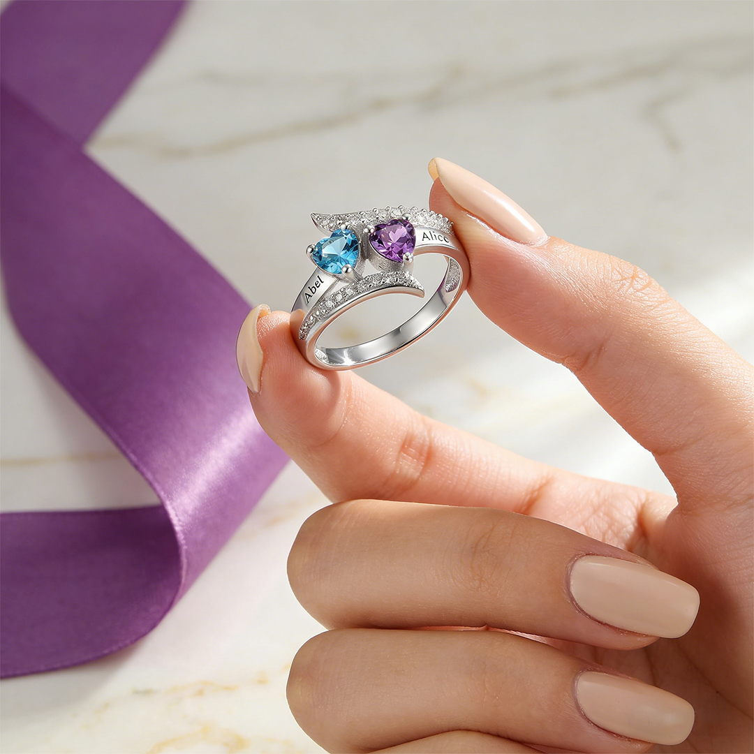 Mother & Daughter-Two-Heart Name & Birthstone Personalized Ring