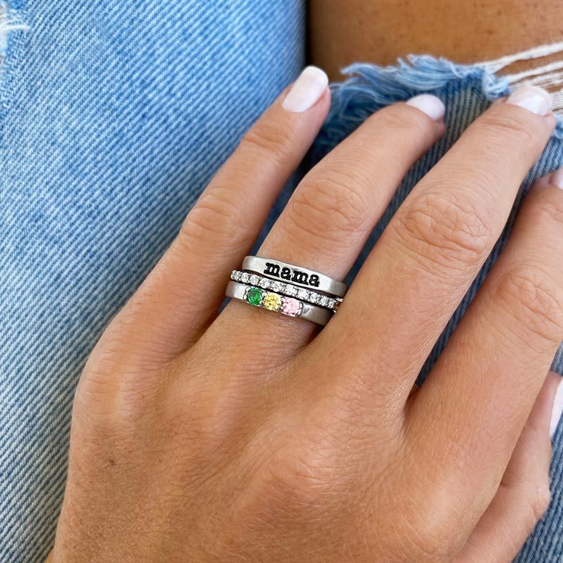 For Mother - S925 Mama And Kids' Birthstones Personalized Stackable Ring - 3 Rings Set